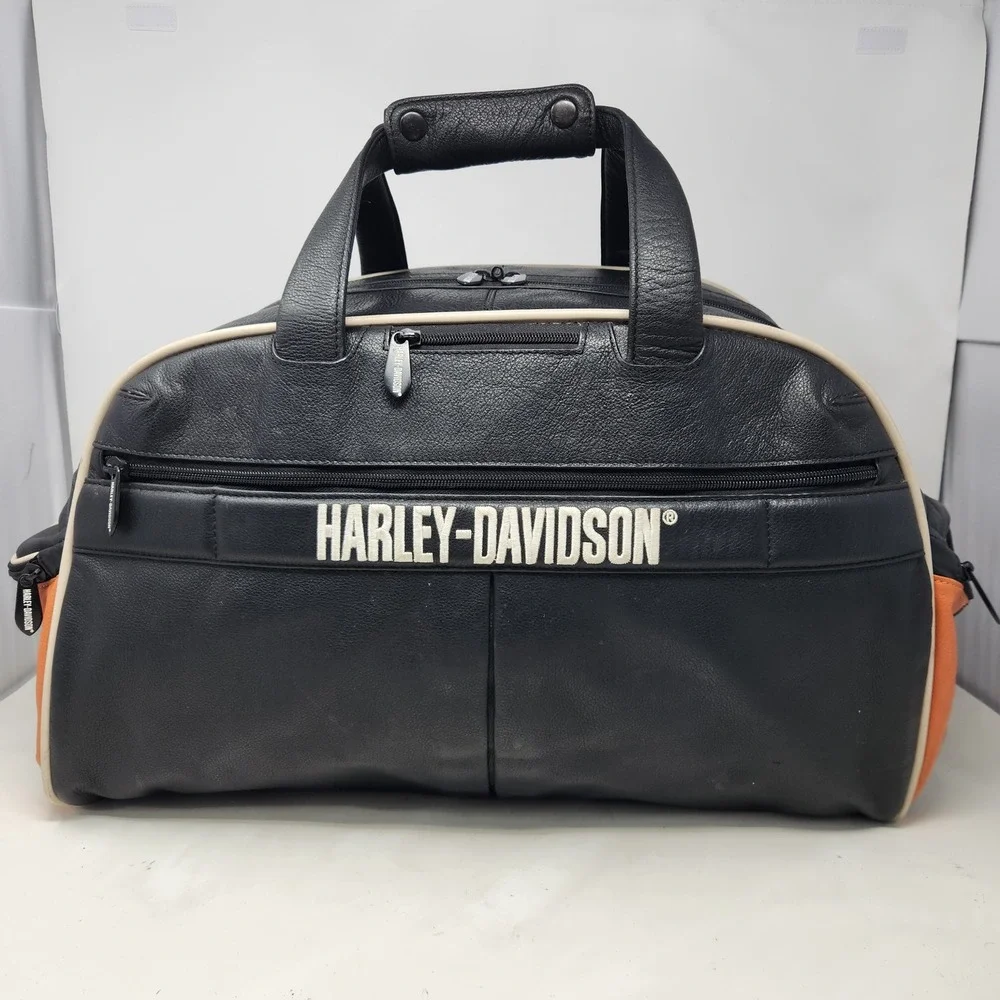 Harley-Davidson Black Leather Duffle Bag Orange Trim Biker Travel Weekend Bag